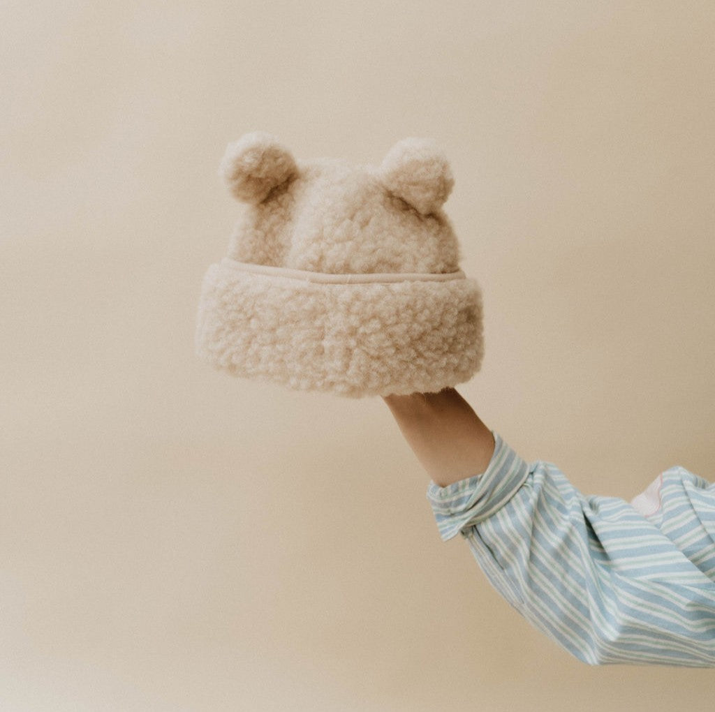 Bonnet teddy 100% laine beige (avec oreilles)